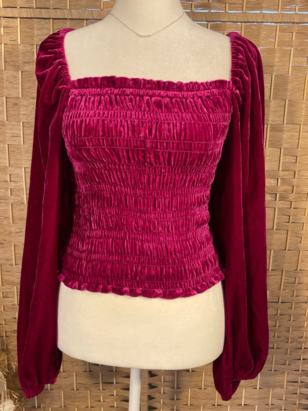 Anthropologie Velvet Smocked Square-Neck Top in Deep Fuchsia